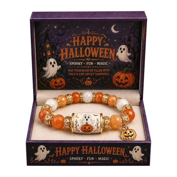 XHKUYI Halloween Ghost Pumpkin Beaded Bracelet 6.3 inch, Orange & White Stretchable Adjustable Bead Bracelet with Pumpkin Charm, Spooky Season Jewelry Gift for Women Kids