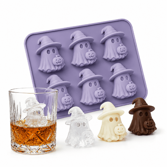 XHKUYI Halloween Ghost Silicone Molds 6.3 inch, Witch Hat Ghost Pumpkin Candy Chocolate Mold, Non-Stick Mini Ghost Ice Cube Tray for Baking, Party Treat Making