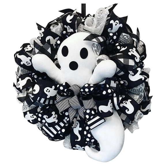XHKUYI Halloween Ghost Wreath 15.7 Inch, Black White Ribbon Hanging Decor with Plush Ghost Center and Striped Bow Accent, Cute Ghost Wreath for Front Door Porch Wall
