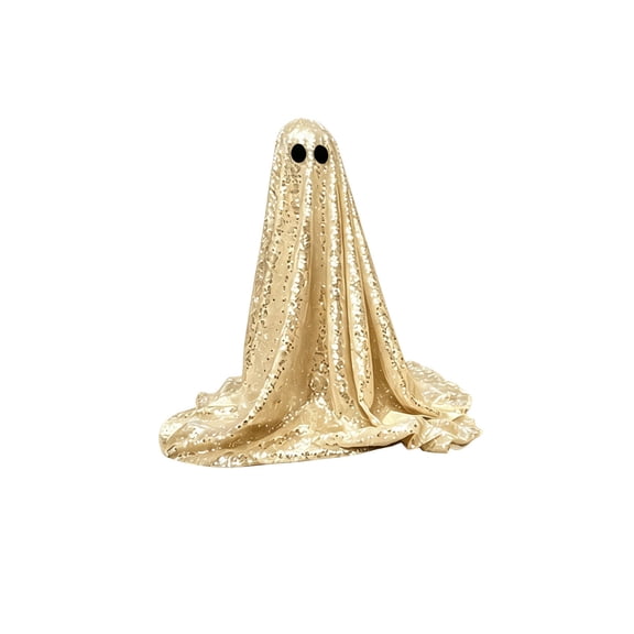 XHKUYI Halloween Glitter Ghost Decorations 6.7 inch, Light Up Gold Glitter Fabric Ghost Statue, Glowing Ghost Ornament for Halloween Porch Tiered Tray Party Table Decor