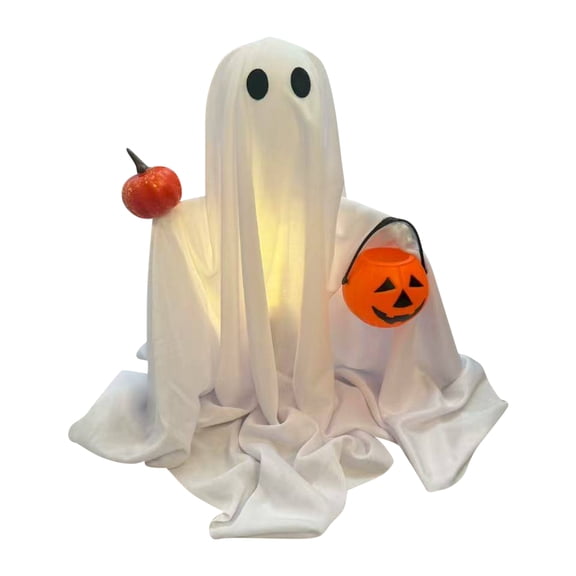 XHKUYI Halloween Glowing Ghost Table Decor 11.8 Inch, Standing Ghost Ornament with Pumpkin Bucket and Warm Light Effect, Halloween Party Home Decor for Mantel Shelf Tabletop Haunted House Display