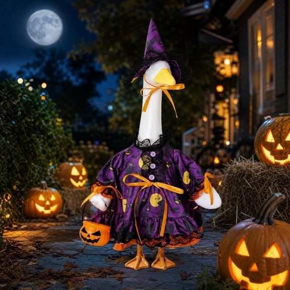 XHKUYI Halloween Goose Outfit 22.4 Inch, Spooky Goose Decoration Costume with Witch Hat Mummy Wrap Skull Charm and Fabric Detail, Porch Garden Goose Clothes for Yard Patio Display