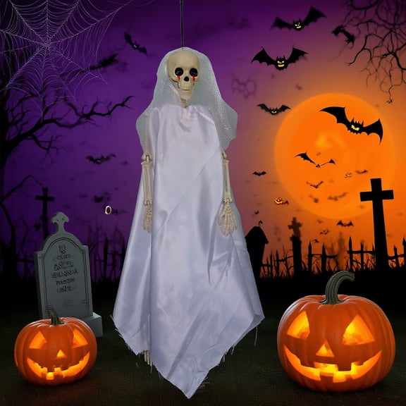 XHKUYI Halloween Hanging Skeleton Decoration 16.5 inches, Scary Poseable Hanging Bride Skeleton Figurines, Haunted House Prop for Halloween Garden Indoor Outdoor Party