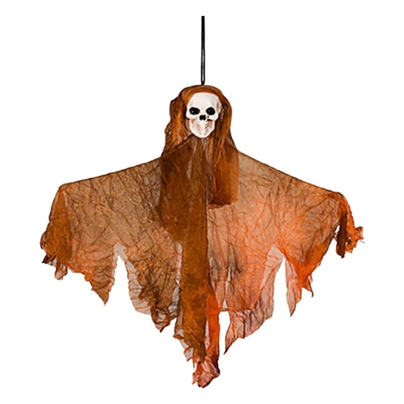 XHKUYI Halloween Hanging Skeleton Ghost Decor 13.8 inches, Tattered Saffron Gauze Skull Figurine, Spooky Mini Hanging Grim Reaper for Front Door, Tree, Party Decor