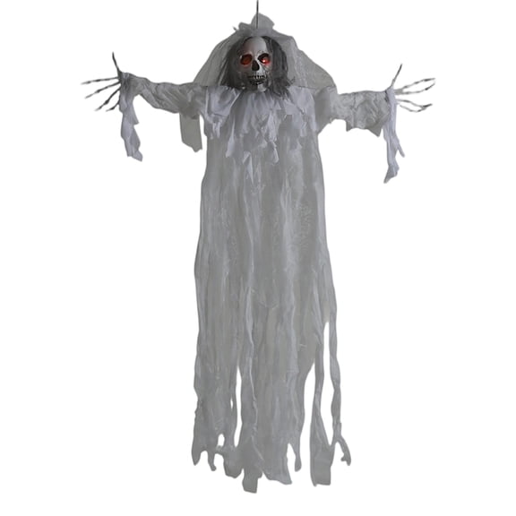 XHKUYI Halloween Hanging Skull Ghost Decoration 59 inches, Sound Activated Hanging Skeleton Ghost with Red Glowing Eyes, Tattered White Gauze Ghost for Yard Tree, Haunted House, Bar & Party Decor