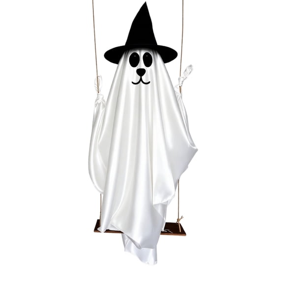 XHKUYI Halloween Hanging Swing Ghost Decor 59 inch, Spooky Dog Face Ghost with Black Witch Hat, White Fabric Ghost Swing Ornament for Halloween Porch Tree Yard Window Haunted House Party Decor