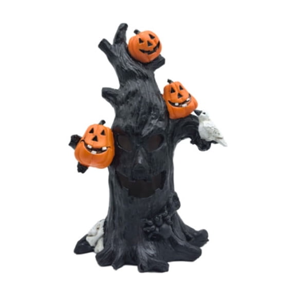 XHKUYI Halloween Haunted Pumpkin Tree Decor 9.4 Inch, Ghost Pumpkin Tree Statue with Black Trunk Jack O Lantern Accent, Tabletop Shelf Mantel Decor for Home Party Display