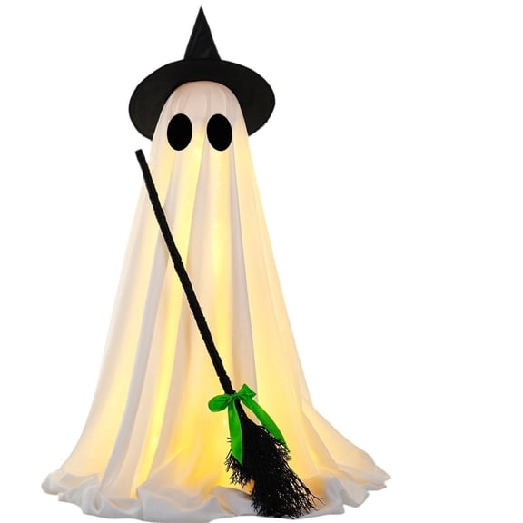 XHKUYI Halloween Light up Ghost 50.4 inches, White Standing Ghost with Witch Broom, Halloween Horror Props for Lawn Patio Porch Backyard Front Yard Haunted House Decor