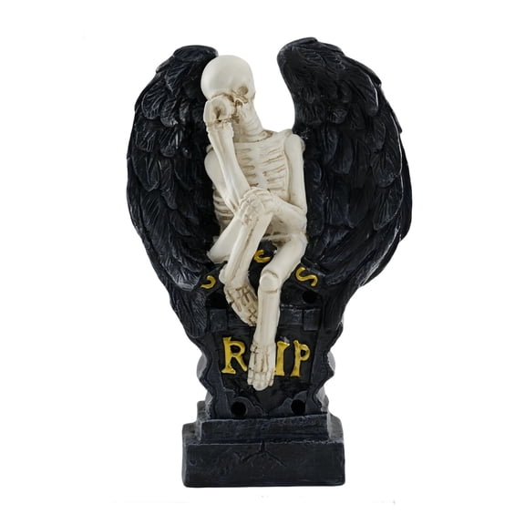 XHKUYI Halloween Light Up Winged Skeleton Angel Tombstone Statue 8.26 inch, RIP Sitting Skeleton with Black Feather Wings Gothic Figurine, for Mantel Haunted House Party Decor