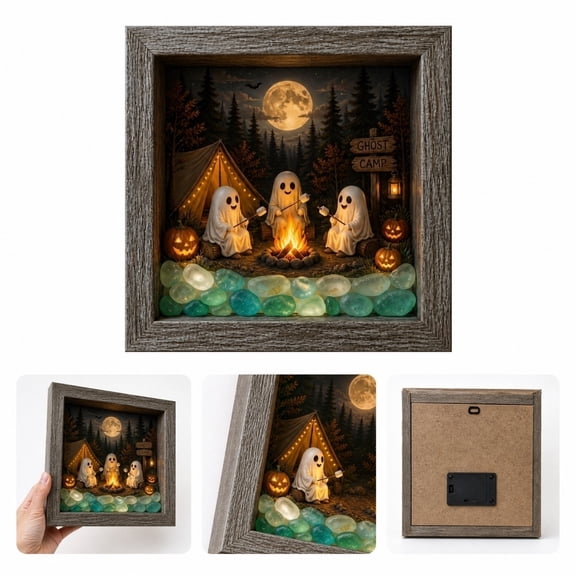 XHKUYI Halloween Lighted Shadows Box 9 inch, Ghost Camp LED Shadow Box with Crystal Glass & Wooden Frame, Spooky Tabletop Decor for Fall, Mantle, Bookshelf, Office Desk & Seasonal