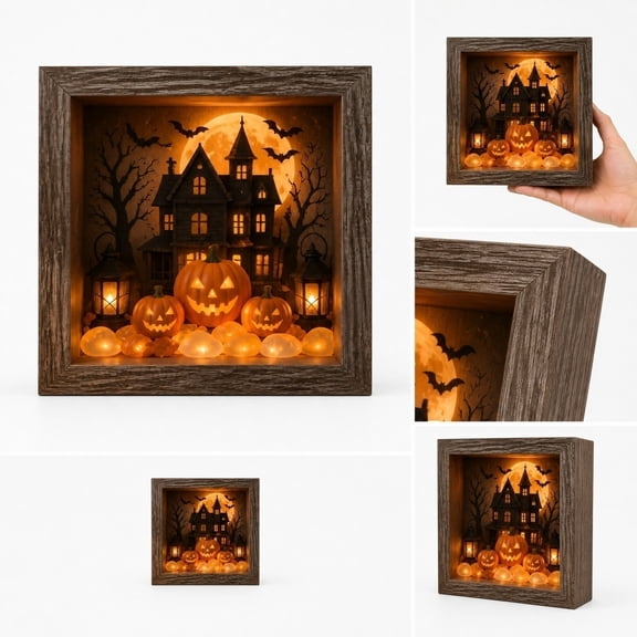 XHKUYI Halloween Lighted Shadows Box 9 inch, Pumpkin Castle LED Shadow Box with Crystal Glass & Wooden Frame, Spooky Tabletop Decor for Fall, Mantle, Bookshelf, Office Desk & Seasonal