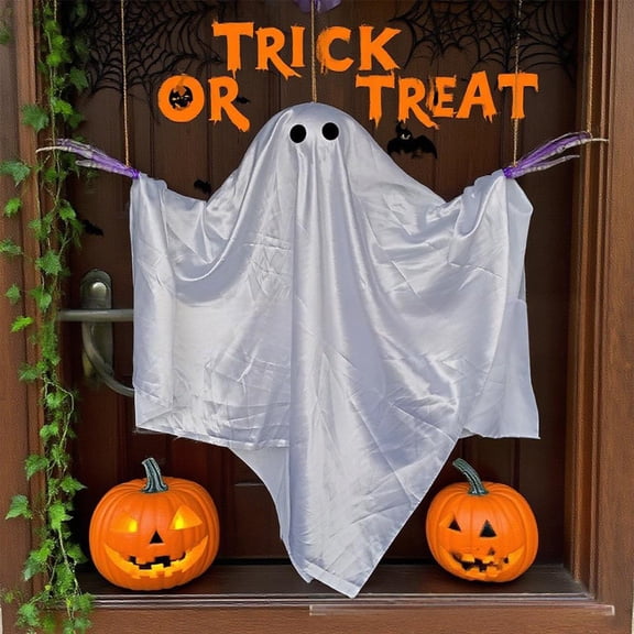 XHKUYI Halloween Messenger Ghost Prop 31.5 Inch, Spooky Ghost Hanging Prop with Dark Hood Pale Face and Draped Robe, Halloween Porch Window Door Haunted House Party Decor
