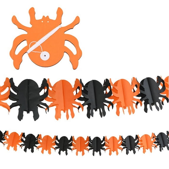 XHKUYI Halloween Paper Garland Banner 9.8FT, 3D Foldable Black and Orange Spider Streamer Bunting, Spider Cutout Pull Flag for Halloween Haunted House Bar Party Indoor Decor