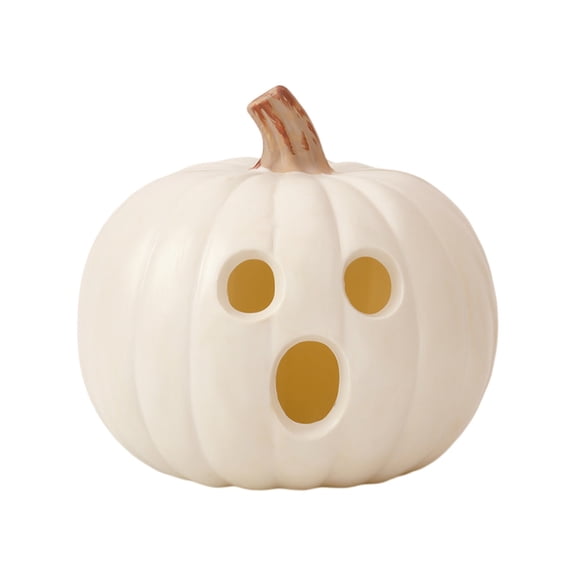 XHKUYI Halloween Pumpkin Light Decoration 9.1 Inch Pumpkin Face Display, White Light Up Pumpkin Decor with Glowing Design, Tabletop Pumpkin Prop for Indoor Party Mantel Shelf Fall Decor