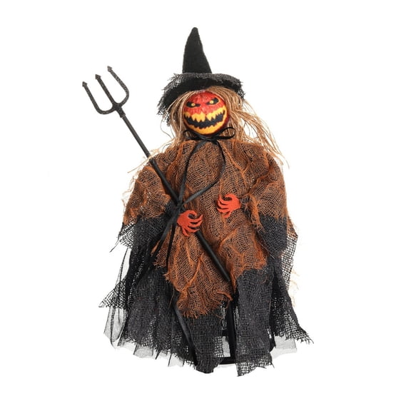 XHKUYI Halloween Pumpkin Witch Figurine 10.2 inches, Tattered Burlap Pumpkin Head Witch with Trident, Spooky Vintage Tabletop Statue for Tiered Tray, Home, Mantel & Party Decor