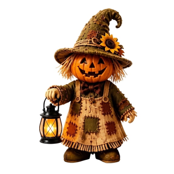 XHKUYI Halloween Scarecrow Pumpkin Figurine 6 inch, Handcrafted 3D Resin Witch Hat Scarecrow with Glowing Lanterns, for Halloween Home Party Tabletop Mantel Shelf Decor