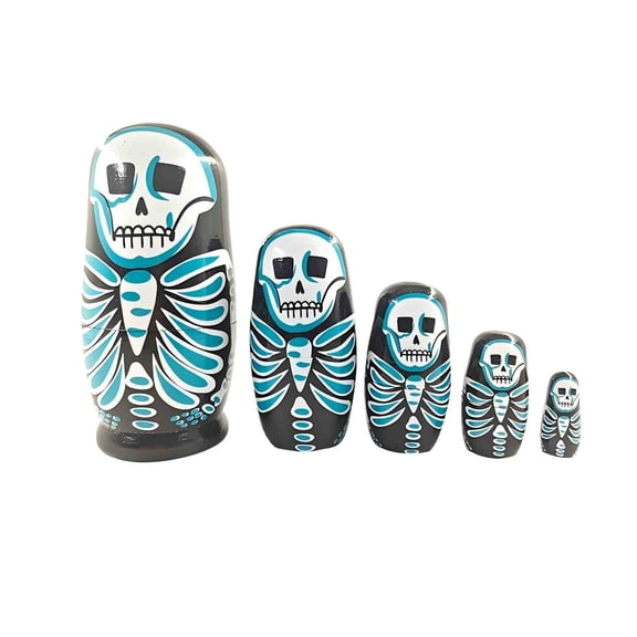 XHKUYI Halloween Skeleton Nesting Dolls 5.7 inch, Wooden 5 Layer Russian Matryoshka Dolls, Spooky Skeleton Hand Painted Stacking Toy, Halloween Table Decor & Novelty Holiday Gift for Kids Adults