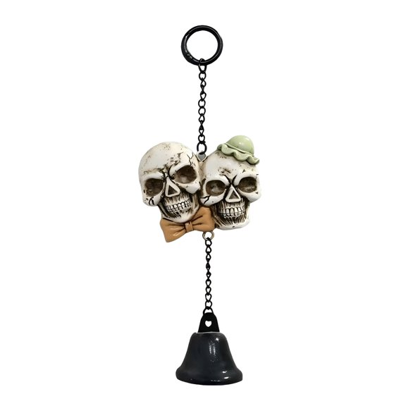 XHKUYI Halloween Skull Hanging Bell Ornament 7.8 inch, Resin Skull Door Chime with Metal Chain, Rustic Spooky Decor for Front Door Porch Patio Garden Tree