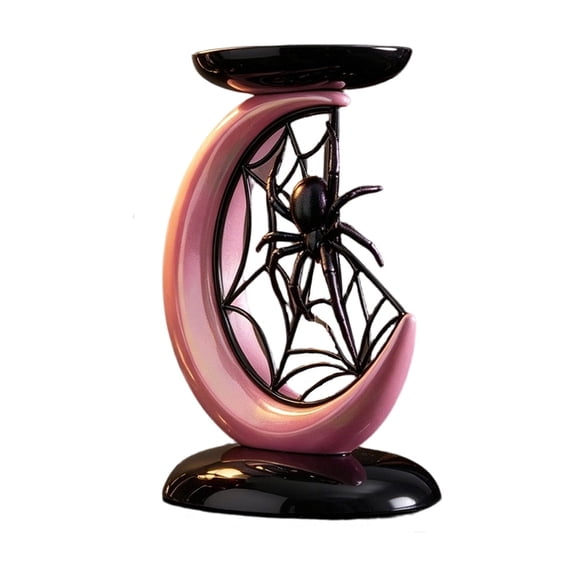 XHKUYI Halloween Spider Web Moon Decoration 7 inch, Pink Resin Gothic Crescent Moon Spider Figurine, Spooky Tabletop Decor for Home Party & Table Centerpiece