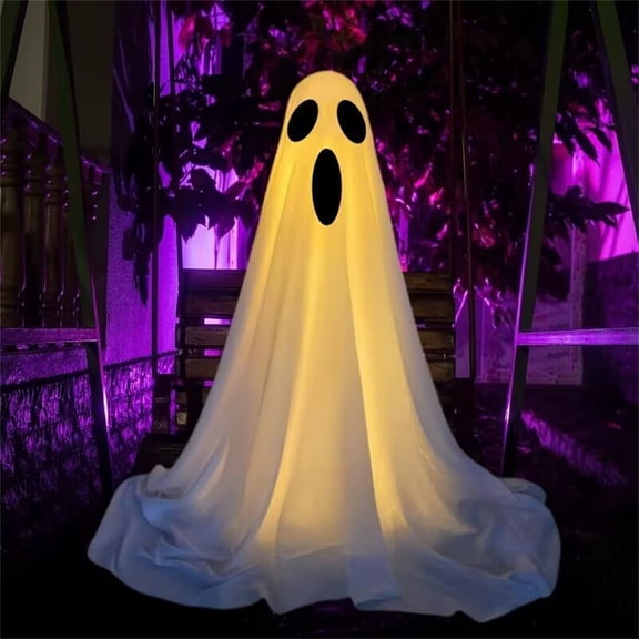 XHKUYI Halloween Spooky Ghost Decorations 65 inches, Adjustable Height White Cloth Ghosts with LED String Lights and Funny Expression, Light Up Ghost for Halloween Party Home Porch Yard Decor