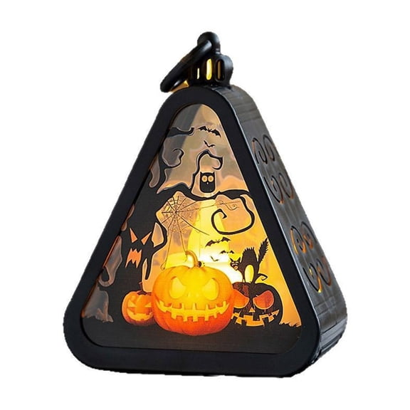 XHKUYI Halloween Triangular Box Lamp Tabletop Decoration, Black Pumpkin Lantern Ornament with Spooky Cutout Pattern Design, Halloween Party Desktop Accent for Shelf Mantel Haunted House Decor
