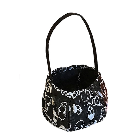 XHKUYI Halloween Trick or Treat Tote Bag 7.9 Inch, Pumpkin Candy Basket with Skull Print Design, Halloween Candy Storage Bucket for Party Favor Collection and Costume Events