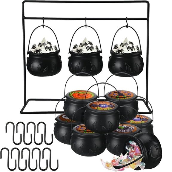 XHKUYI Halloween Witch Cauldrons Serving Bowl 2.8 inch, Set of 6 Mini Hanging Black Plastic Cauldron Bowls with Iron Rack, for Table Witch Hocus Pocus Party Decorations