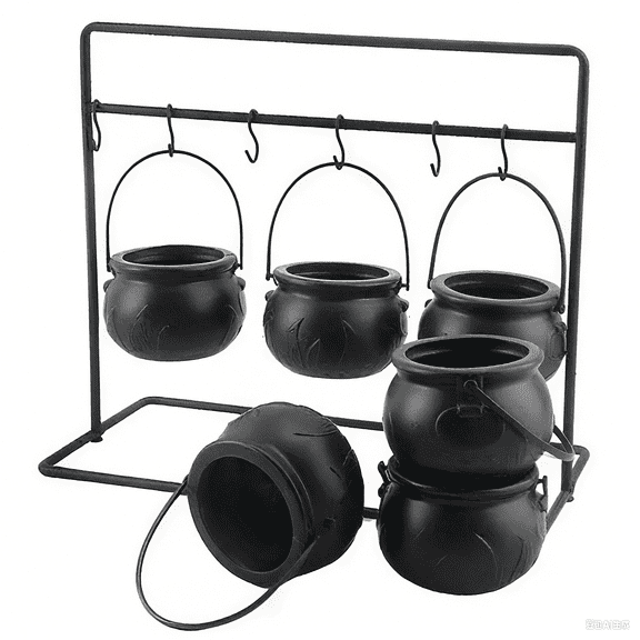 XHKUYI Halloween Witch Cauldrons Serving Bowl 2.8 inch, Set of 6 Mini Hanging Black Plastic Cauldron Bowls with Iron Rack, for Table Witch Hocus Pocus Party Decorations