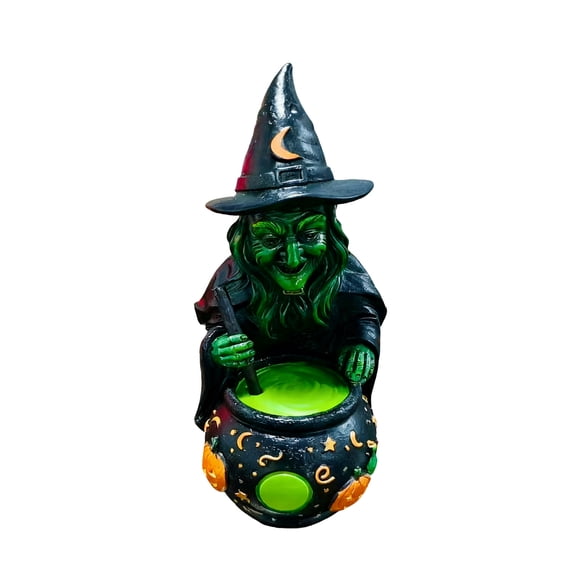 XHKUYI Halloween Witch Figurine 6 inch, Green Skin Witch Stirring Magic Cauldron Statue, Spooky Witch Cauldron Statue, for Halloween Mantel Tiered Tray Farmhouse Haunted House Party Decor