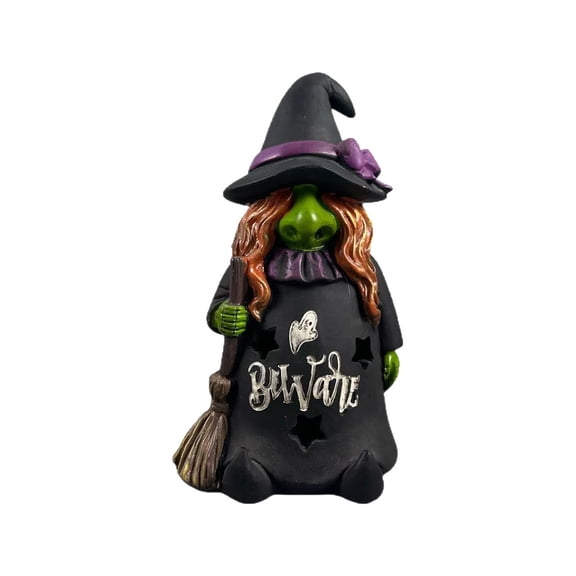 XHKUYI Halloween Witch Gnome Figurine 7.3 inch, Resin Green Faced Witch Statue with Black Pointed Hat, Broomstick, Beware Text and Star Details, for Tabletop, Mantel, Party, Haunted House Decor