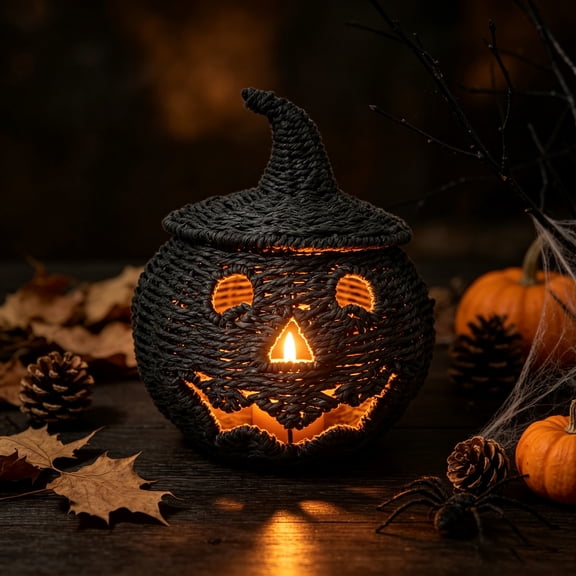 XHKUYI Halloween Woven Pumpkin Decoration 10.2 inch, Black Seagrass Pumpkin Basket with Removable Witch Hat Lid, Halloween Candy Basket for Candy Storage and Festival Display