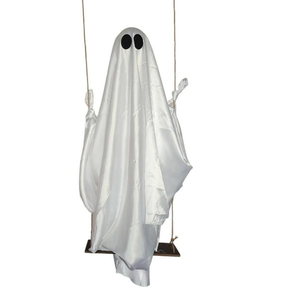 XHKUYI Hanging Swing Ghost Decor 39.4 Inch, Light Up Swing Ghost with Remote Control Light Strip Half Sphere and Swing Board, Halloween Tree Porch Yard Party Display