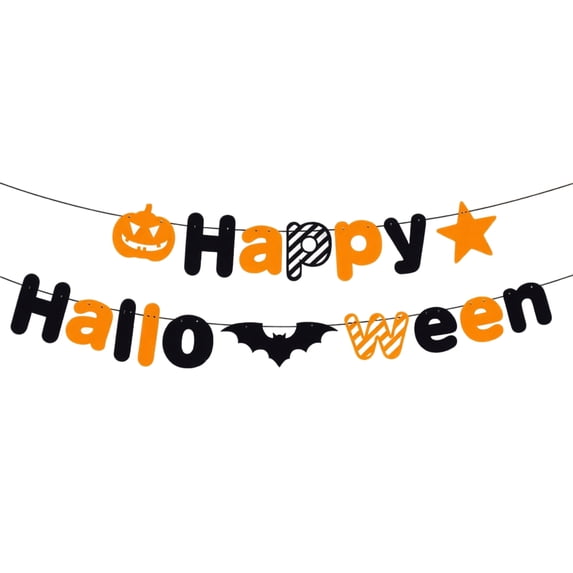 XHKUYI Happy Halloween Letter Banner, Orange Black Pumpkin Bat Star Garland, for Halloween Party Wall Mantel Fireplace Indoor Home Farmhouse Fall Decorations