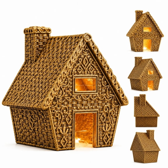 XHKUYI Lighted Christmas House Figurine 5.1 inch, Resin Glowing Christmas Village House, Rustic Woven‑Look Mini House Ornament for Tabletop Mantel Shelf Holiday Home Decor