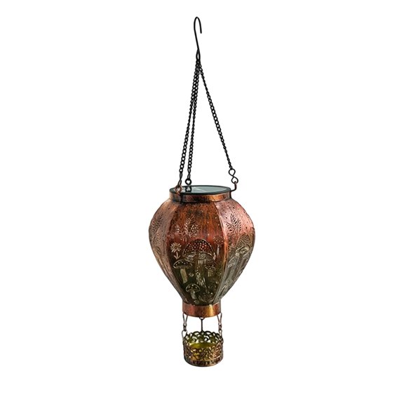 XHKUYI Solar Hanging Metal Lantern 18.5 inch, Solar Hot Air Balloon Lantern with Hummingbird and Mushroom Pattern, Hanging Landscape Lamp for Backyard Patio Fence Pathway Porch Decor