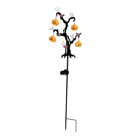 XHKUYI Solar Pumpkin Tree Stake 26.7 Inch, Bat Pumpkin Garden Light with Metal Branch Silhouette, Pumpkin Ornament and Ground Insert Base, for Halloween Outdoor Lawn Pathway Yard Decor