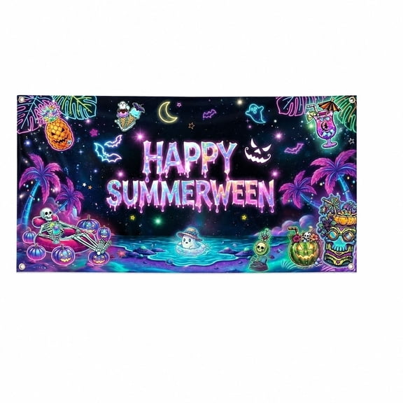 XHKUYI Summerween Party Banner 70.8 Inch, Spooky Summerween Party Backdrop with Neon Halloween Pattern, 1Pc Polyester Fabric Wall Hanging for Indoor Room Porch Party Photo Display