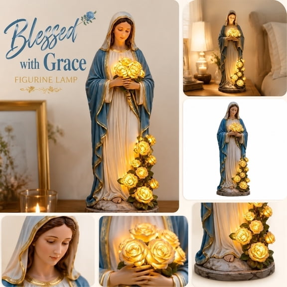 XHKUYI Virgin Mary Garden Light 7.8 inch, Resin Virgin Mary Statues with Glowing Roses, Blessed Mother Garden Statue for Outdoor Patio Porch Yard Decor