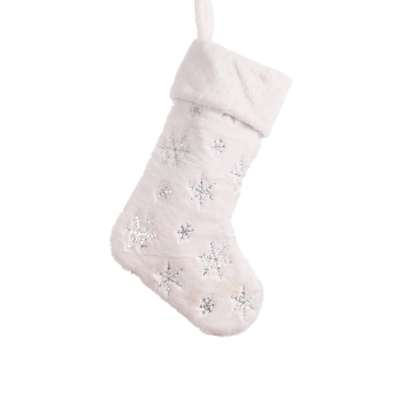 XHKUYI White Christmas Stocking Hanging Ornament 19.3 inch, Plush Faux Fur Xmas Stocking with Silver Snowflake Sequin, Glitter Stocking Ornament for Christmas Tree Wall Fireplace Home Decor