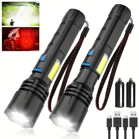 XHP90 10000LM Rechargeable Tactical Flashlight - Brightest LED Flashlight with COB Side Light, 7 Modes, Zoomable, USB Power Bank - for Emergency, Outdoor, Camping, Hunting (Type-C Charging)