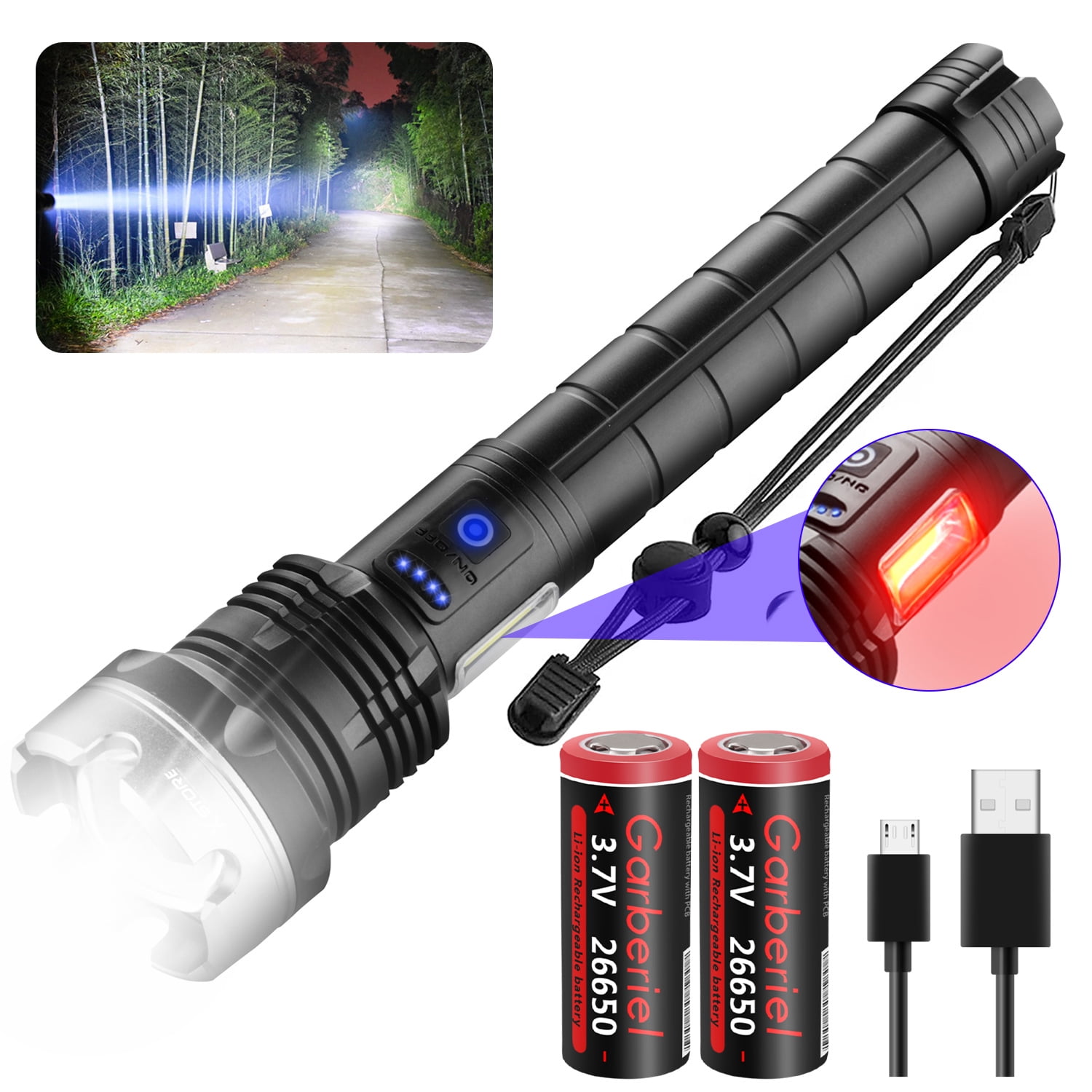 XHP90 Rechargeable Flashlights 100000 Lumen Super Bright P90 LED Zoom Modes  Flashlight with COB Sidelight