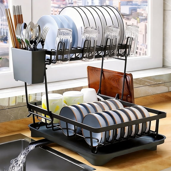 XHSGX 2 Tier Dish Drying Rack, Stainless Steel Dish Racks for Kitchen Counter with Drainboard, Utensil & Cup Holder, Rustproof Dish Drainer, Black