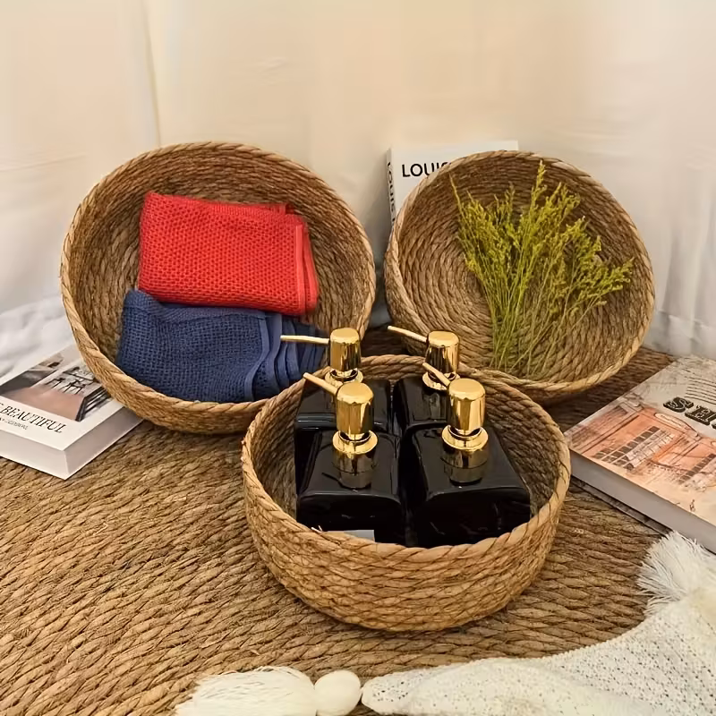 XHSGX 3-piece large-capacity modern simple hand-woven storage basket set, rattan style storage basket, suitable for bathroom storage, living room toy snack storage, cat bed, etc., home decoration