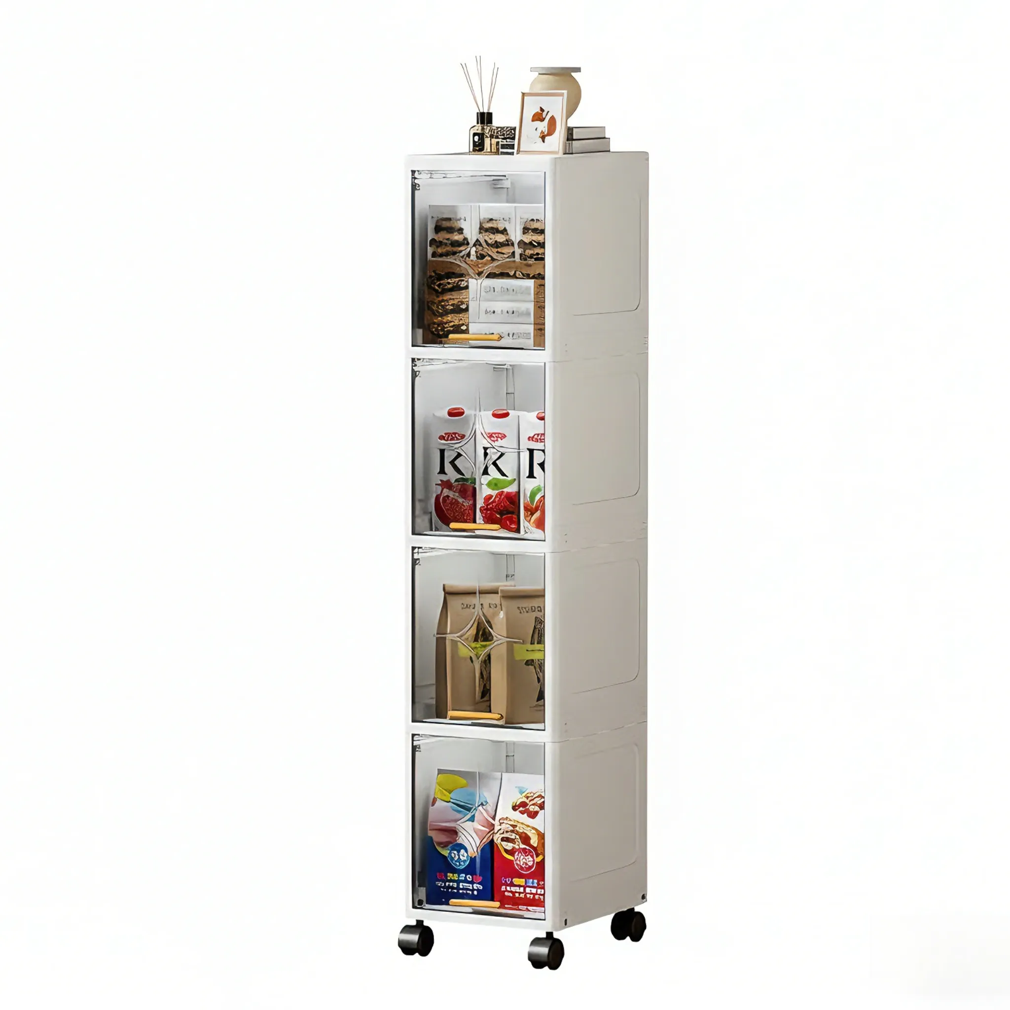 XHSGX 7.87" Slim Bathroom Storage Cabinet with Clear Doors, 4-Tier Tall Narrow Storage Cabinet for Small Space, Rolling Slim Storage Organizer, Easy Assembly, White