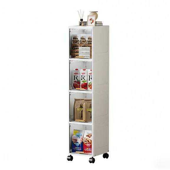 XHSGX 7.87" Slim Bathroom Storage Cabinet with Clear Doors, 4-Tier Tall Narrow Storage Cabinet for Small Space, Rolling Slim Storage Organizer, Easy Assembly, White