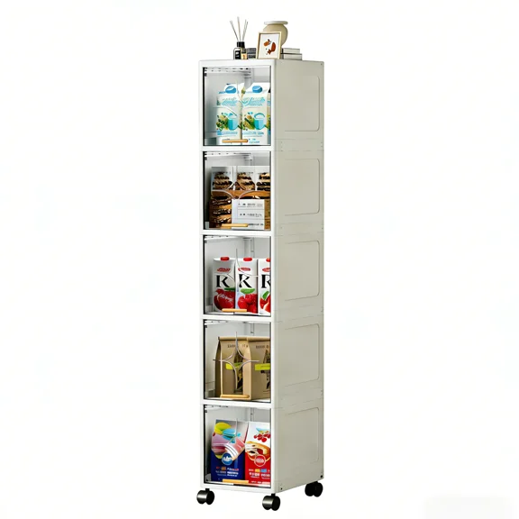 XHSGX 7.87" Wide Slim Bathroom Storage Cabinet, 5-Tier Tall Slim Storage Cabinet, Foldable Narrow Plastic Organizer with Transparent Doors and Wheels for Small Spaces