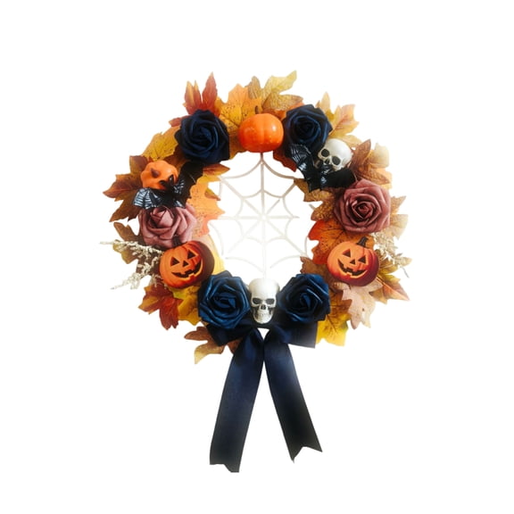 XIA0LE 20 Inch Halloween Skeleton Wreath For Front Door Spooky Black Web Fall Leaf Skull Wreath Gothic Horror Decor For Window Fireplace Party