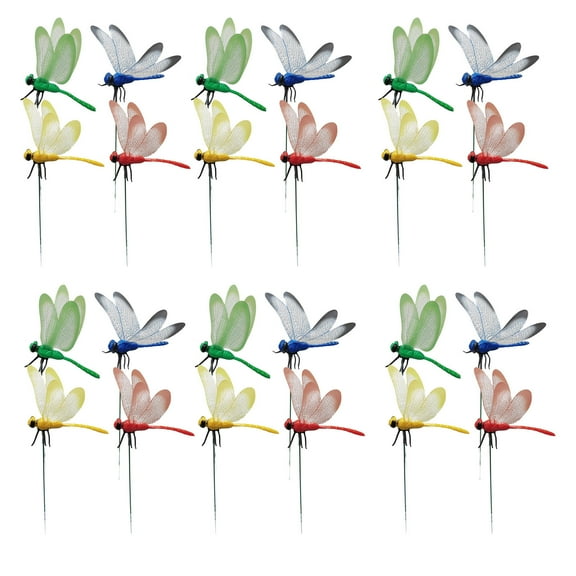 XIA0LE 24 Pcs Dragonfly Garden Stakes, 3d Plastic Dragonfly Ornaments, Waterproof Outdoor Decor With Multiple Colors For Yard, Patio & Indoor Plants