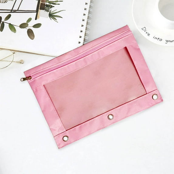 XIA0LE 3 Ring Binder Pencil Pouch, Clear Window Pencil Case With Smooth Zipper, Big Capacity Pencil Bag With 3 Reinforced Grommets For Office,Student (Pink)