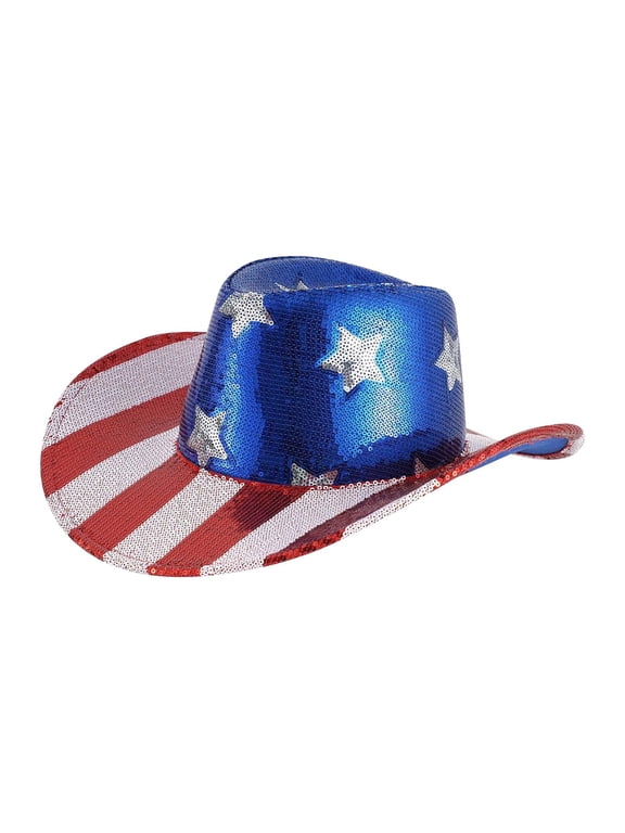 XIA0LE 4th of July American Flag Cowboy Hat Patriotic Red White Blue Western Hats Glitter American Style Cowgirl Headwear for Men, Women Festival & Party Accessory